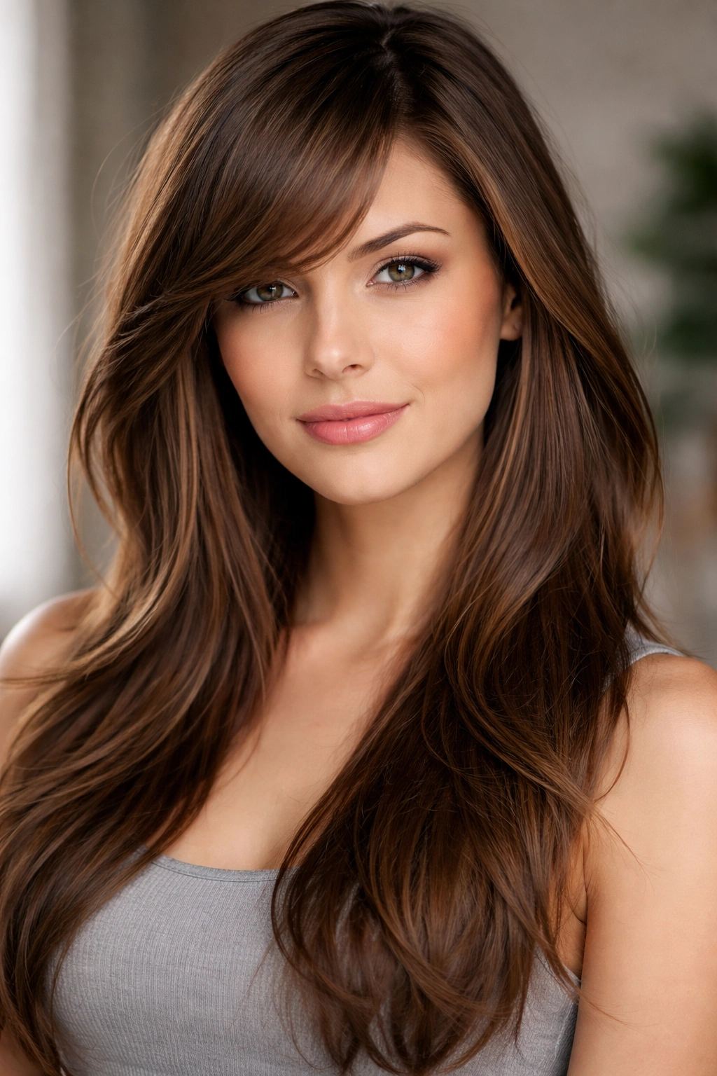 Hair with side-swept bangs and long layers forming a diagonal line