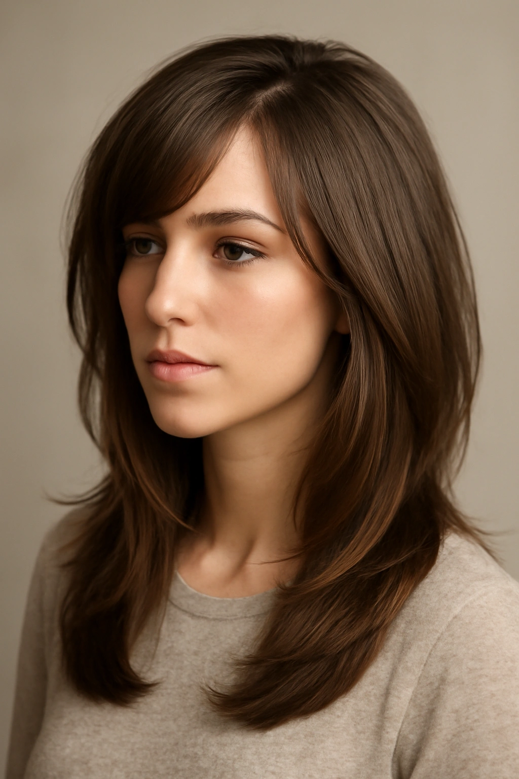 Portrait showing side-swept bangs with face-framing layers