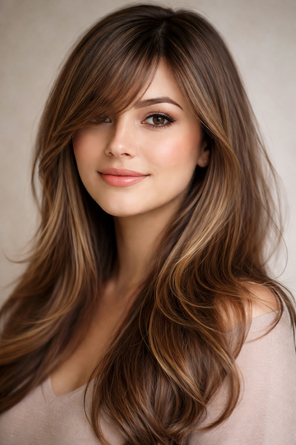 15 Hairstyles That Beautifully Flatter Round Faces 2 Side-swept bangs creating diagonal line on round face