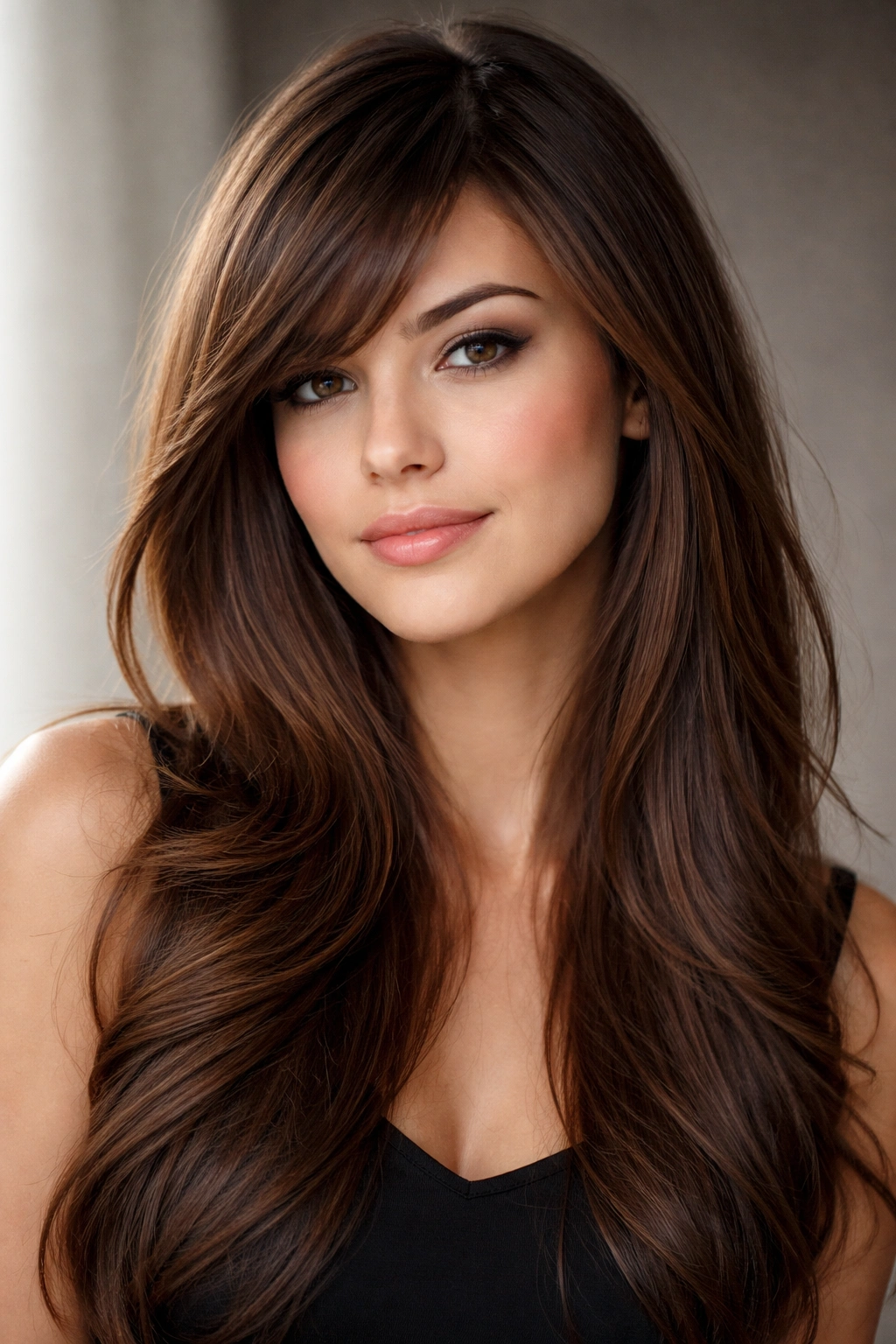 Portrait of side-swept bangs across the forehead creating length