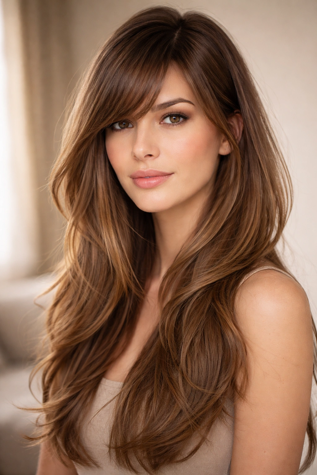 15 Hairstyles That Complement A Longer Face Shape 1 Side-swept bangs with long layers portrait highlighting diagonal bangs and textured layers for width