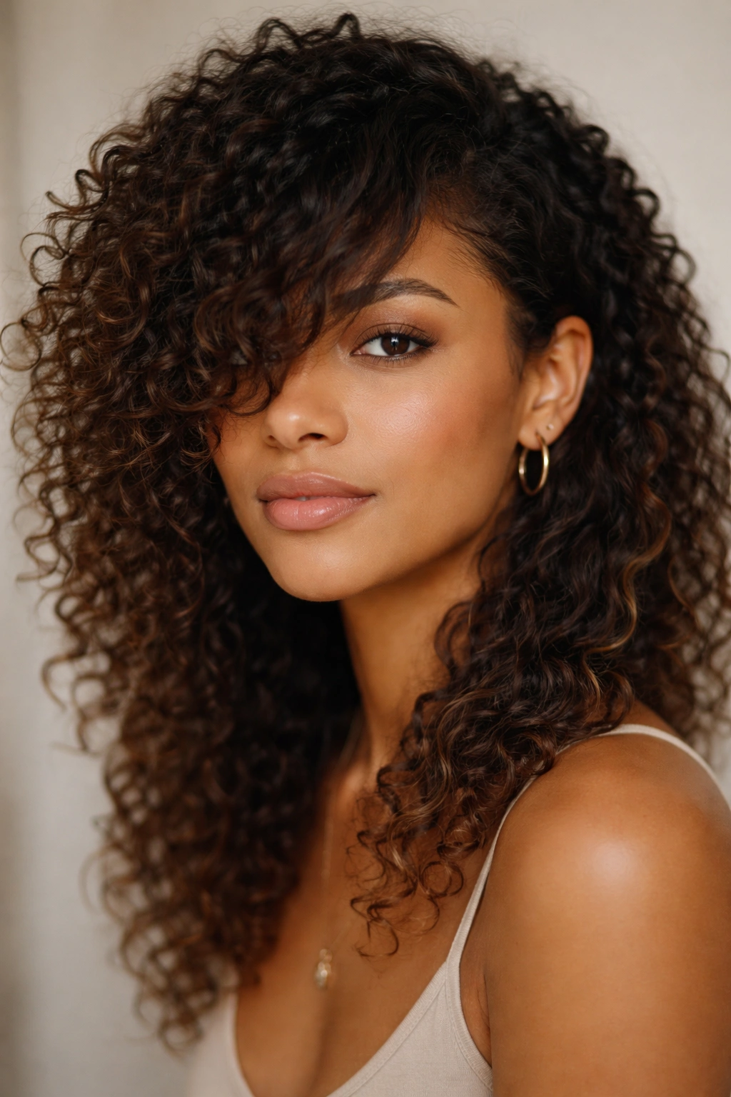 12 Curly Bang Haircuts For Every Type Of Curl 5 Side-swept bangs across mixed-texture curls with natural asymmetry