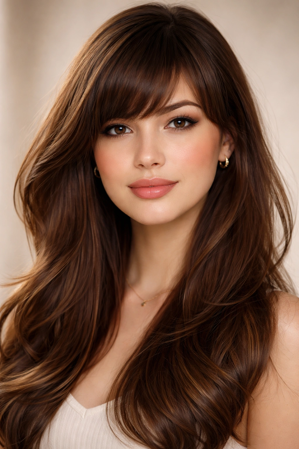 10 Side Swept Bang Styles For Every Face Shape 7 Close-up of a model with dense side-swept bangs balancing a pear-shaped face