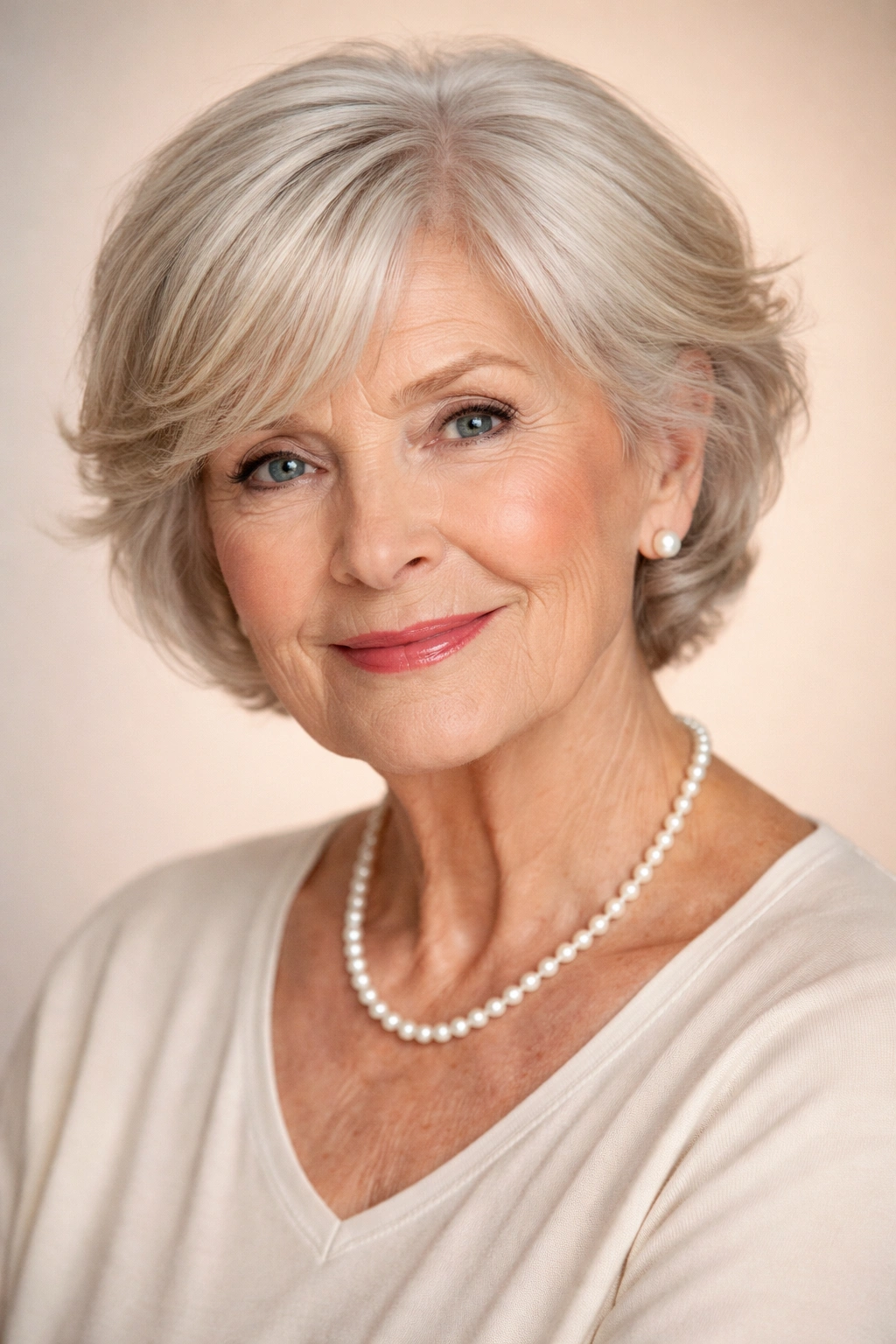 Elderly woman with side-swept bangs framing her face