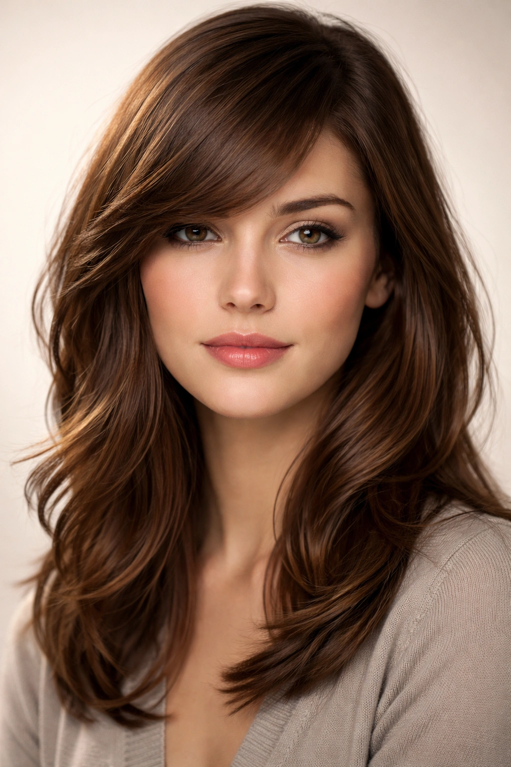 Portrait showing side-swept bangs cascading diagonally across the forehead.