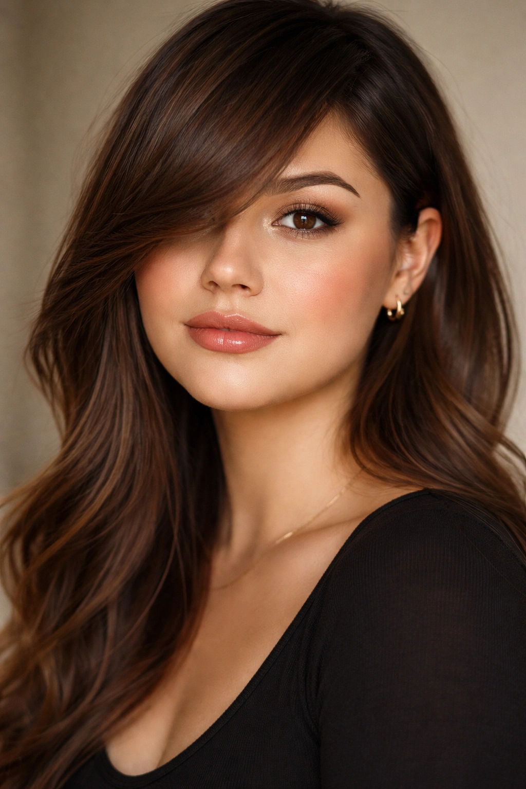 10 Side Swept Bang Styles For Every Face Shape 1 Portrait of a person with a round face and long side-swept bangs