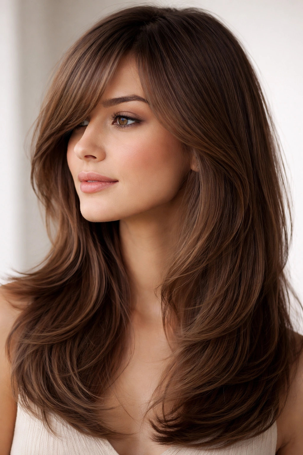 20 Medium Hairstyles With Bangs For Any Face 20 Profile shot of medium-length hair with long, side-swept bangs blending into subtle layers