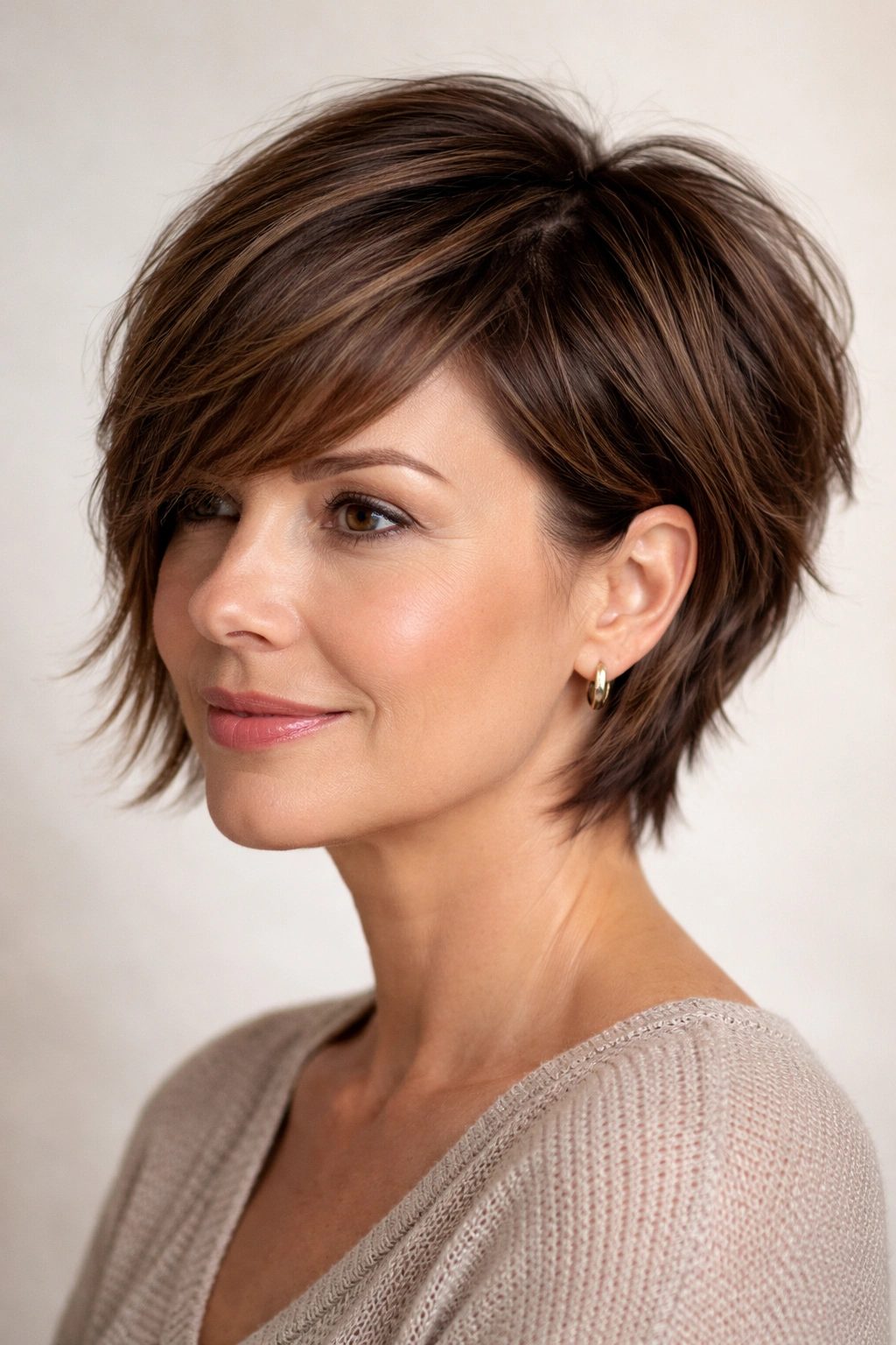 Side profile with diagonal side-swept bangs and textured layers