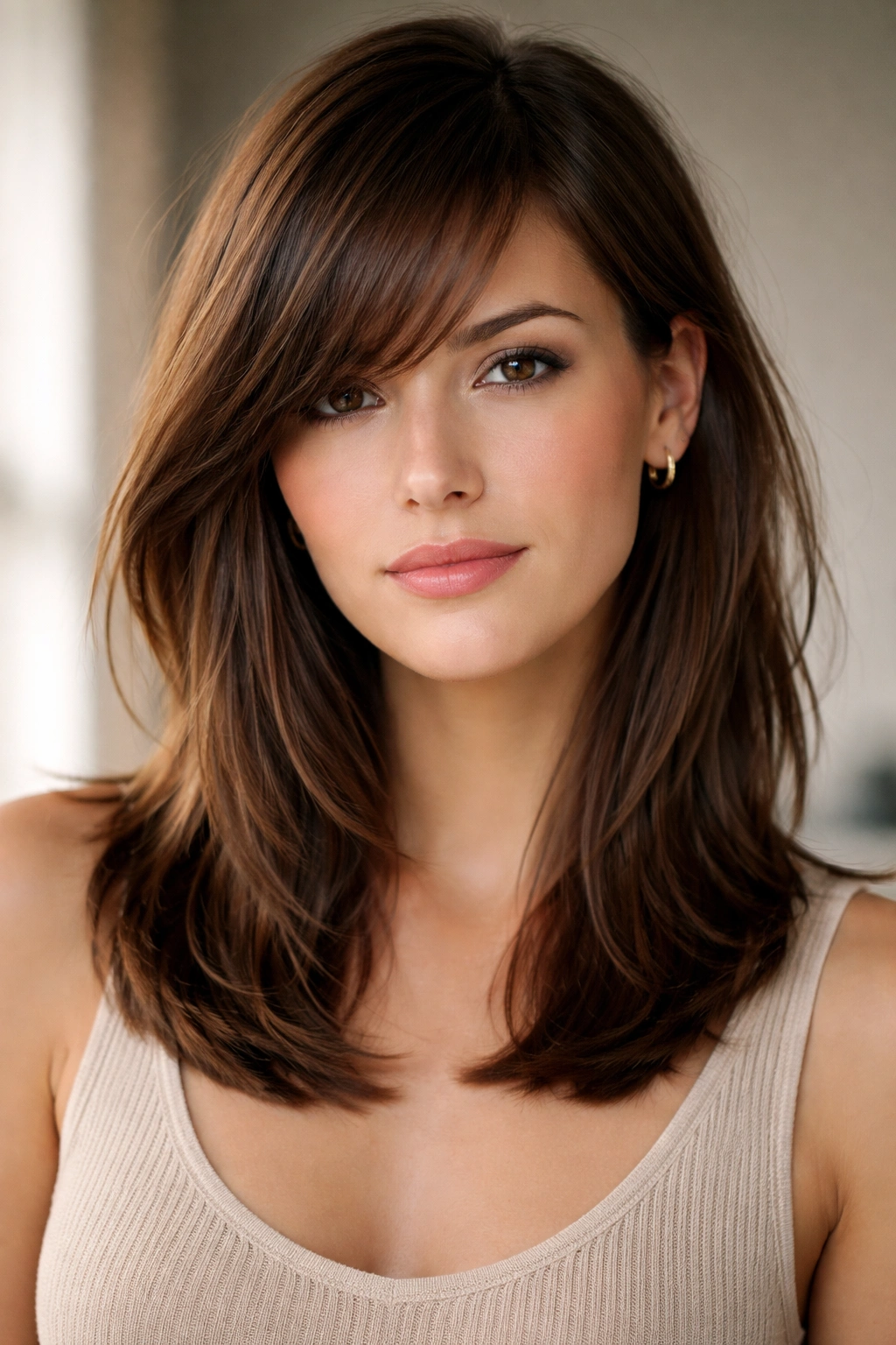 12 Haircuts That Look Amazing On Longer Faces 10 Shoulder-length hair with diagonal side-swept bangs framing cheekbone