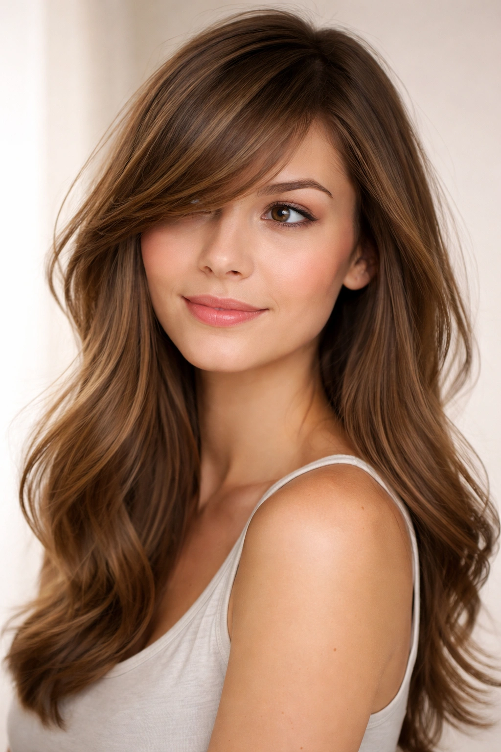 Front-side view of a person with side-swept bangs