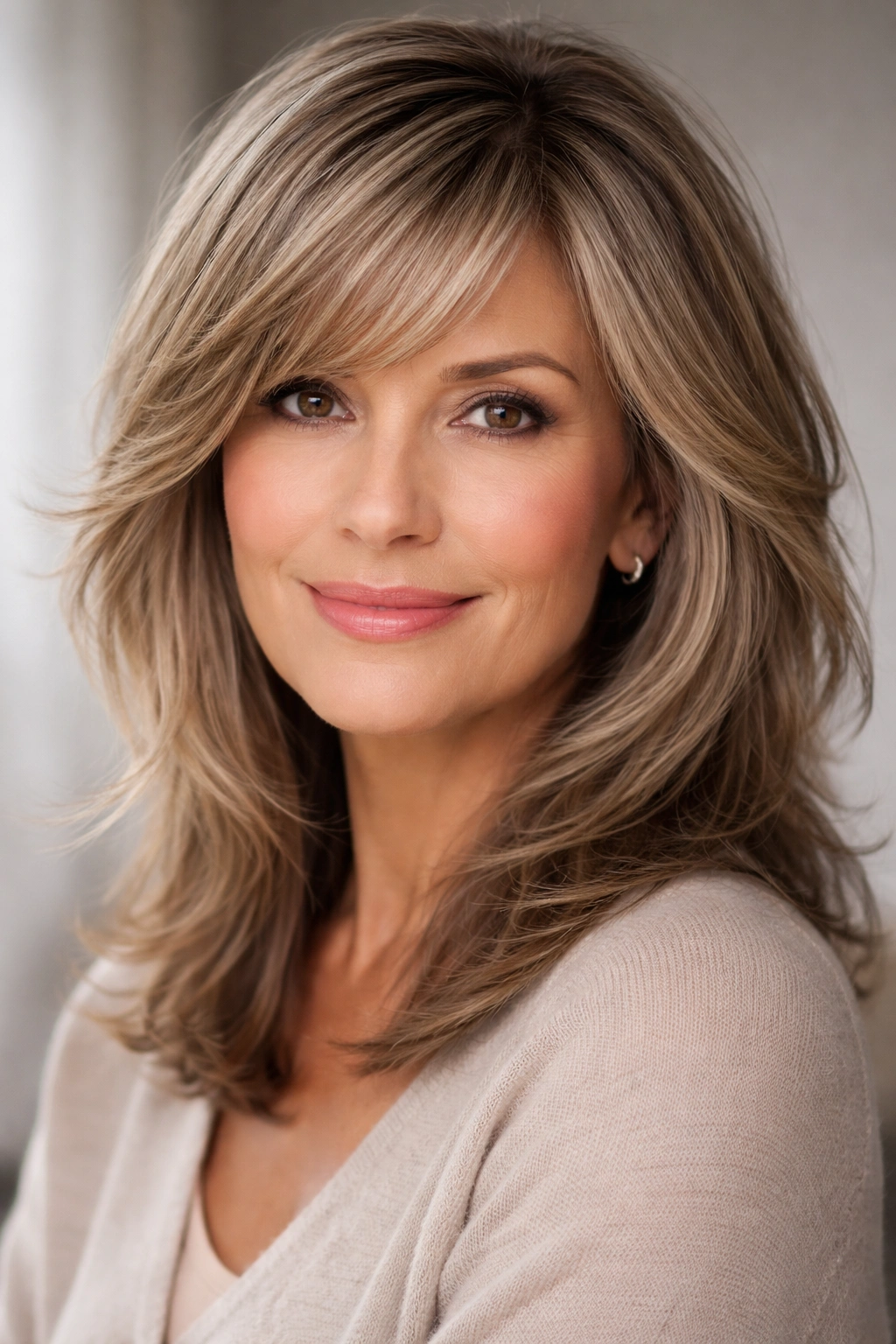 Close-up of side-swept bangs with textured layers