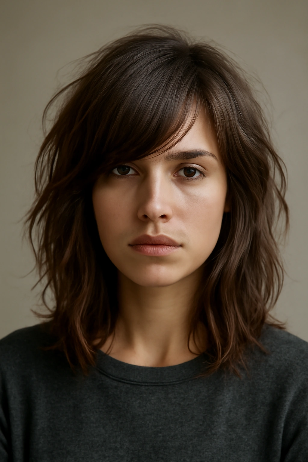 Side-swept bangs with tousled medium-length hair in a casual look