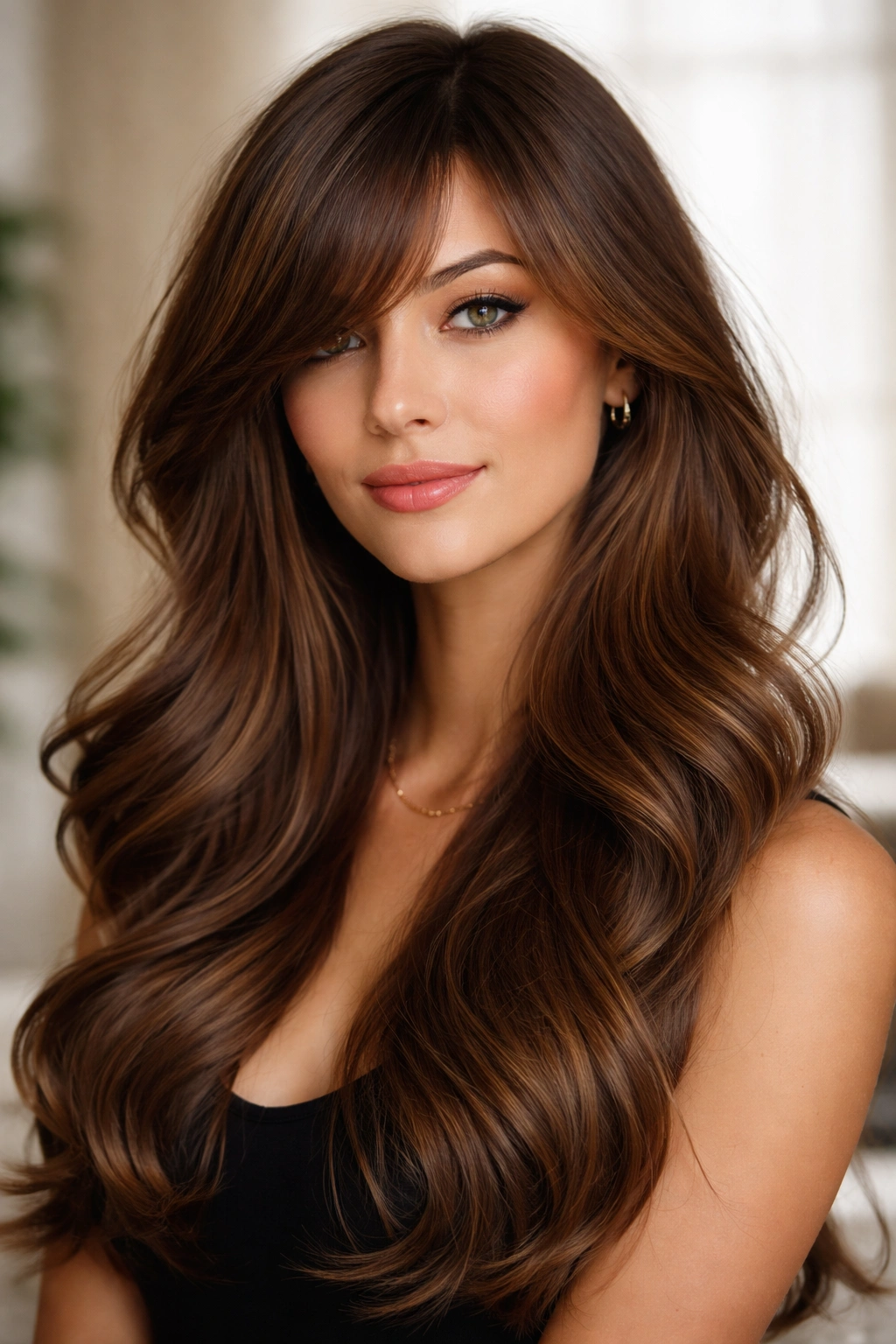 12 Hairstyles With Bangs That Suit Long Faces 4 Profile of side-swept bangs with voluminous waves framing the face