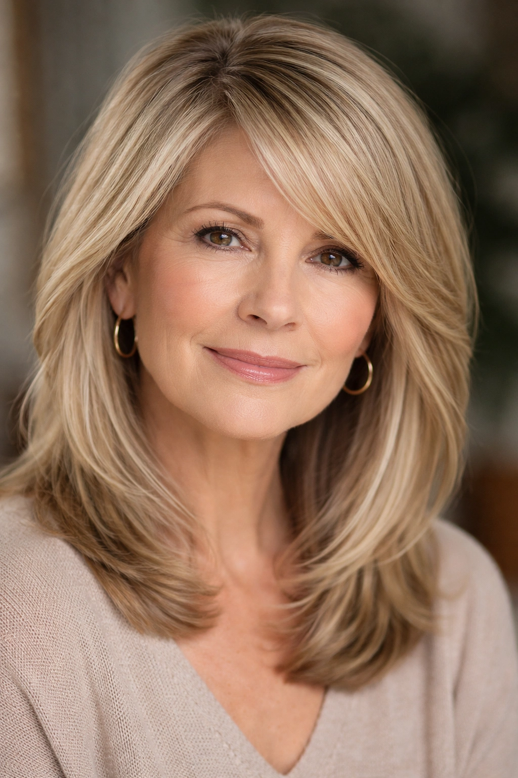 Wide face with side-swept bangs creating diagonal line