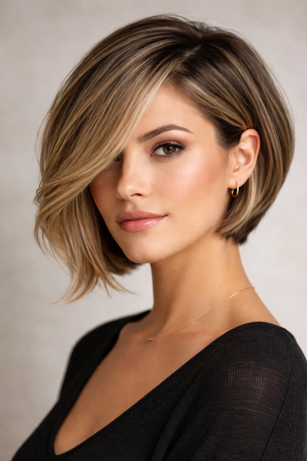 Side-swept bob with a diagonal longer side across the face