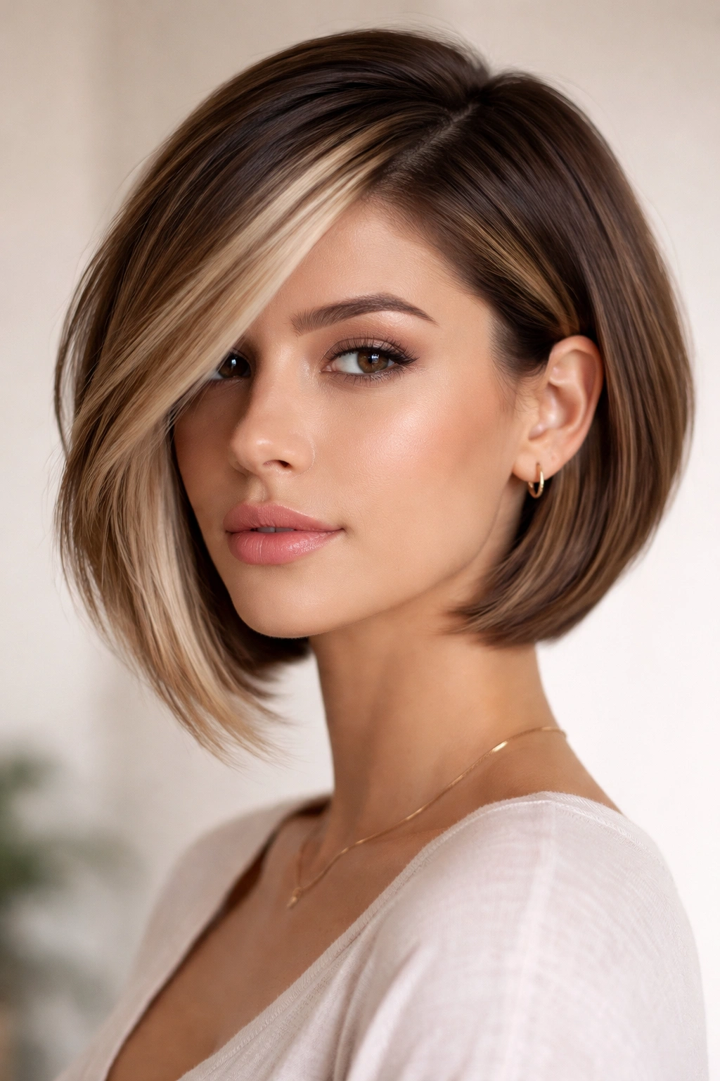 Close-up of a side-swept bob with a subtle money piece gradient framing the face.