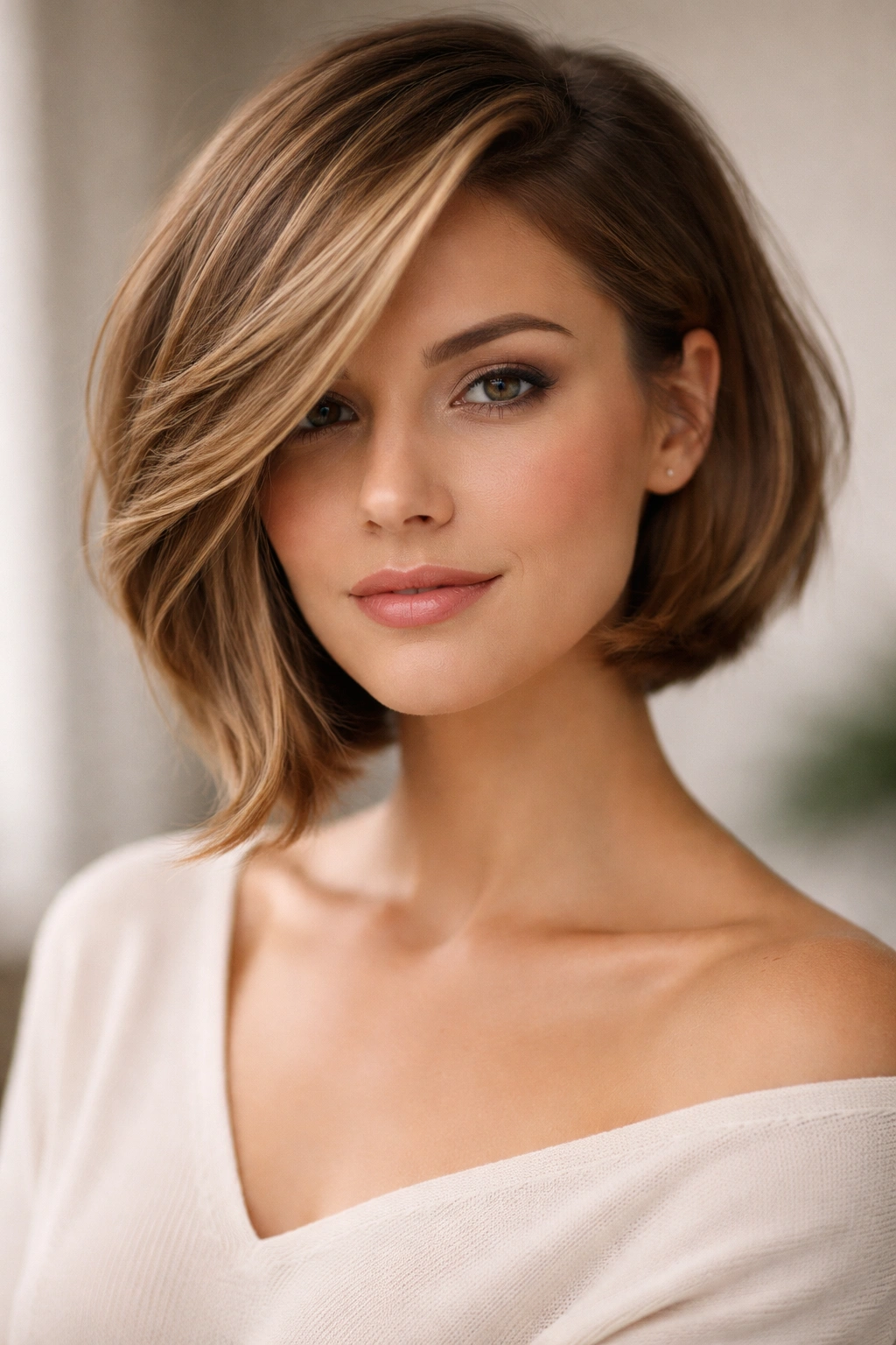 30 Short Haircuts That Flatter Almost Every Woman 13 Close-up portrait of a shoulder-length side-swept bob hairstyle against a neutral backdrop