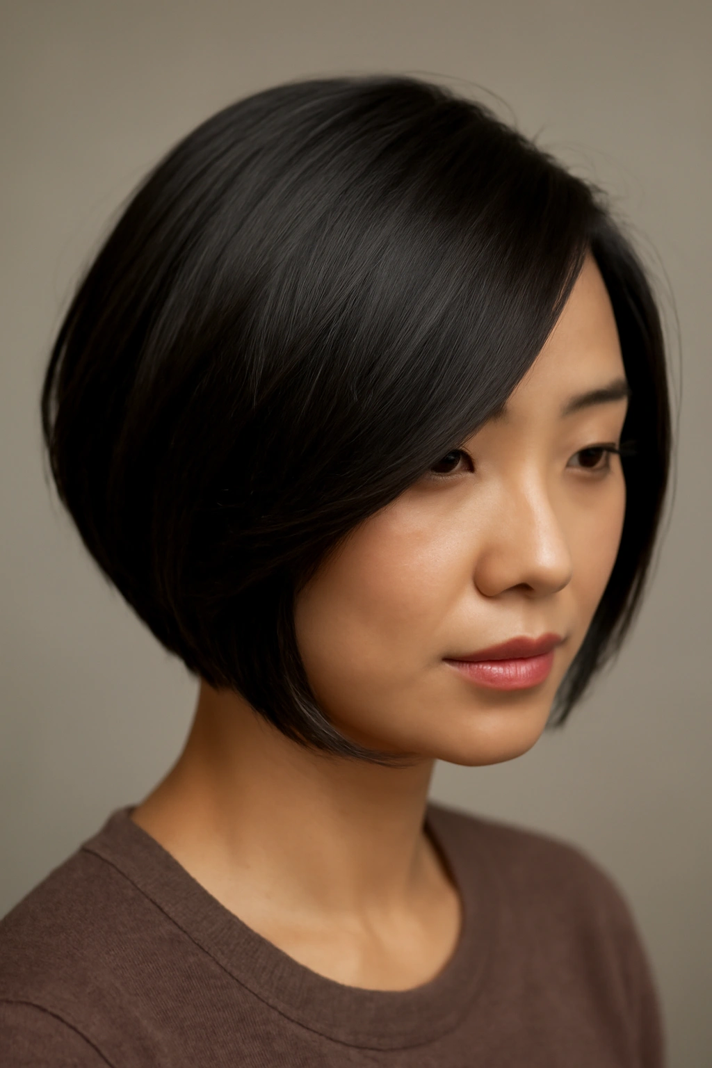 10 Short Bob Haircuts for Asian Women to Bookmark 8 Profile of a deep side-swept bob with hidden layers and subtle movement