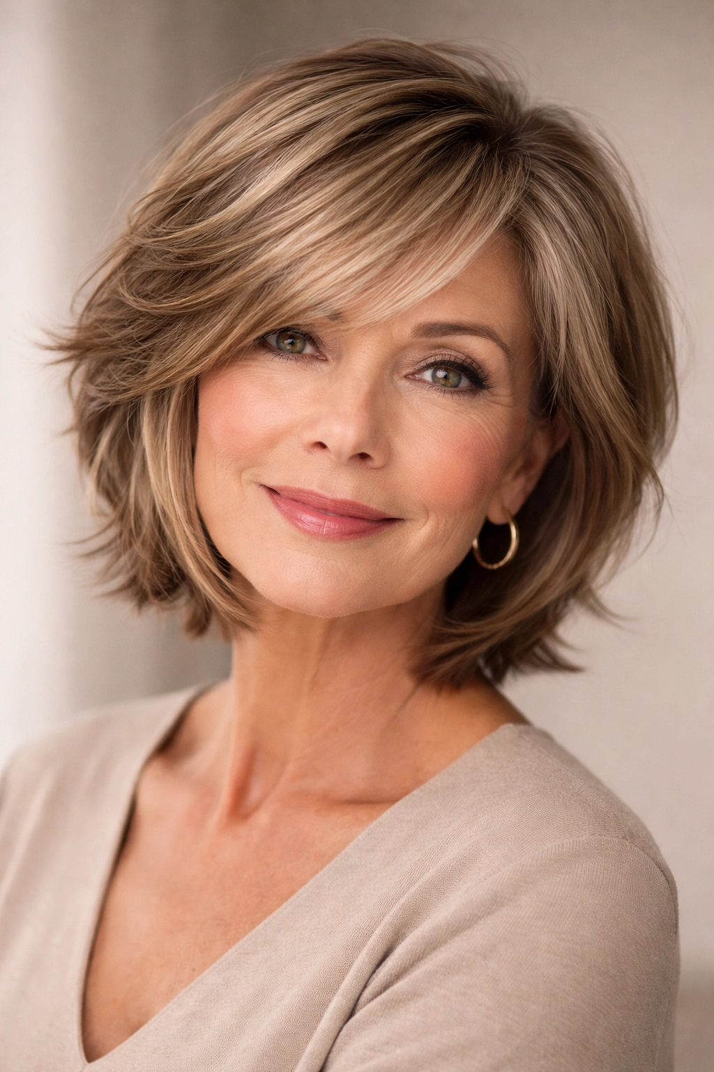 Mature woman with a side-swept bob and long bangs.