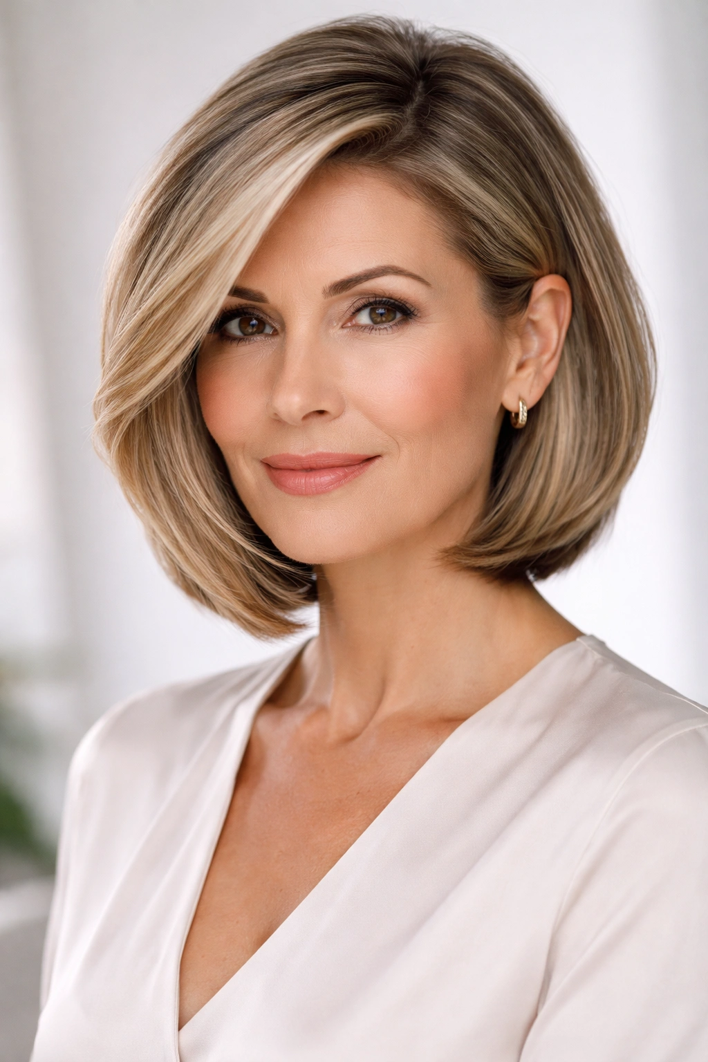 Elegant side-swept bob with deep side part and subtle texture