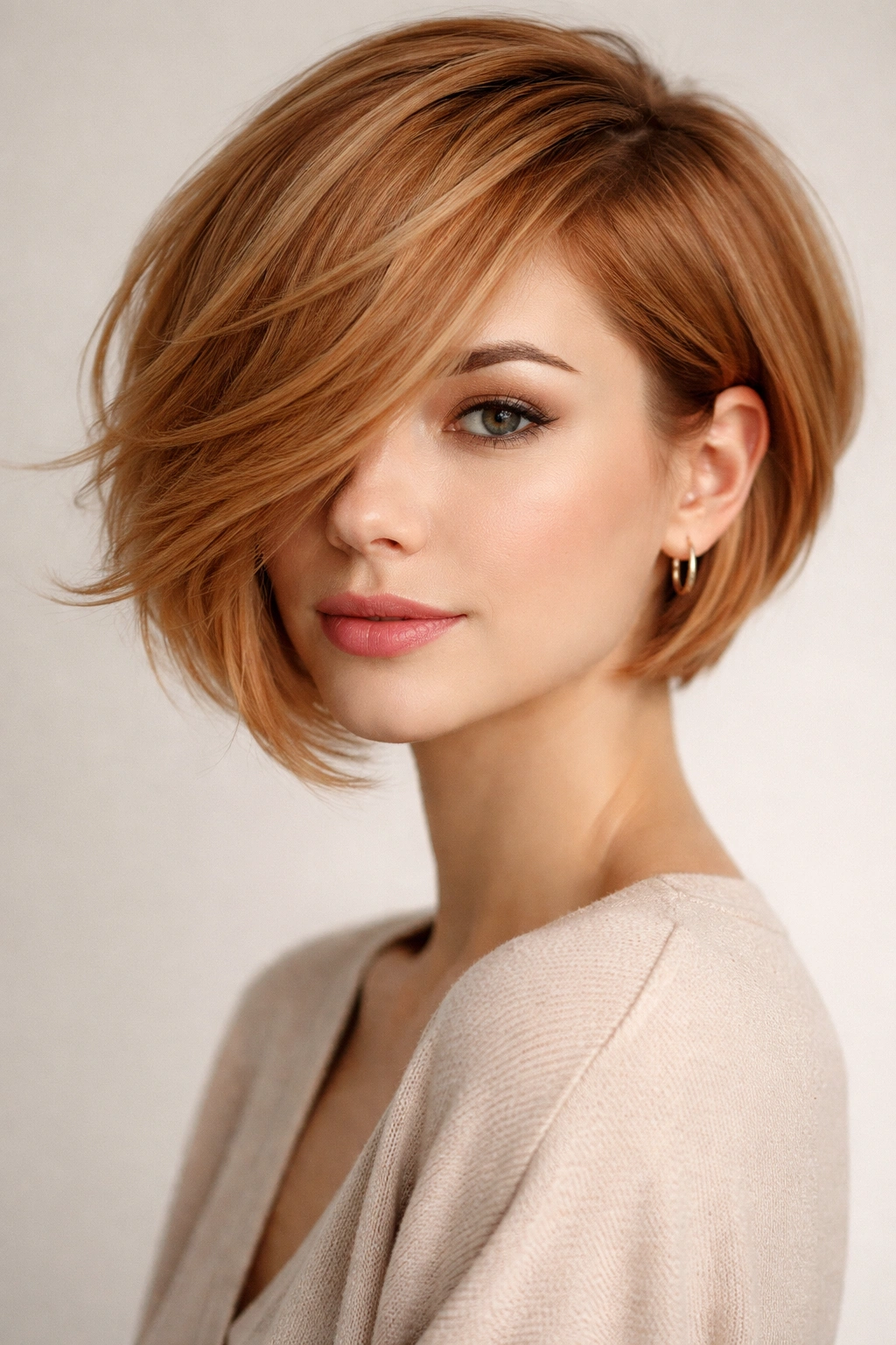 Asymmetrical side-swept short bob in strawberry blonde.