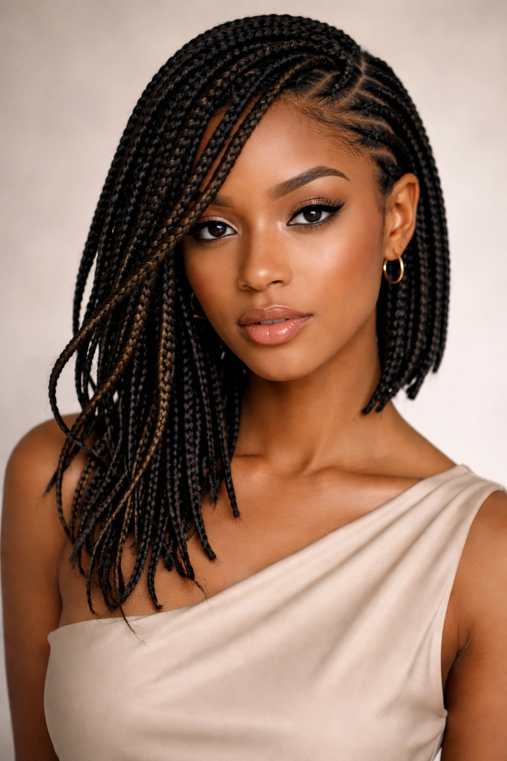 Box braids swept to one side framing the face.