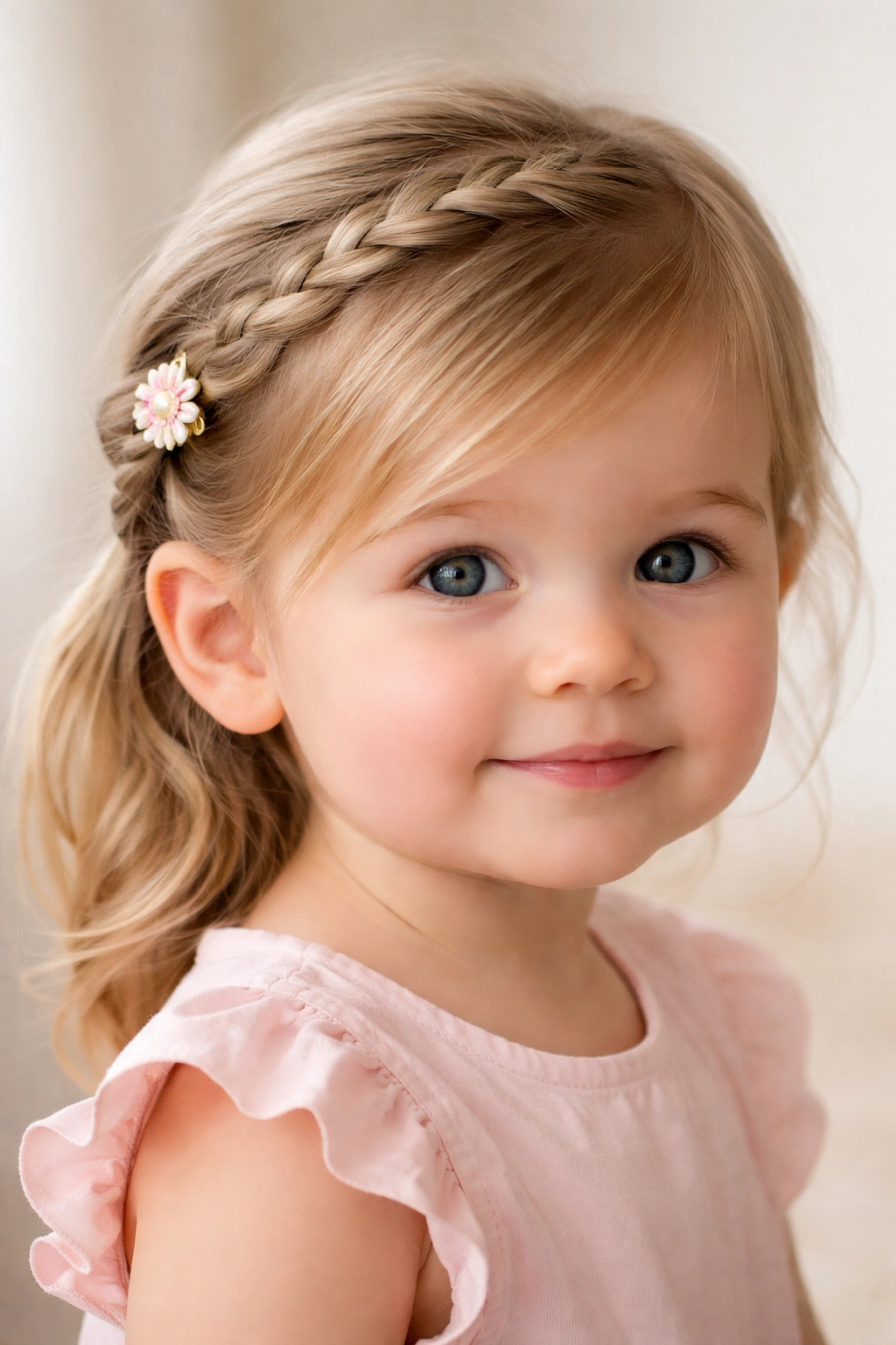 Side-swept braid on a toddler's head secured with a small clip