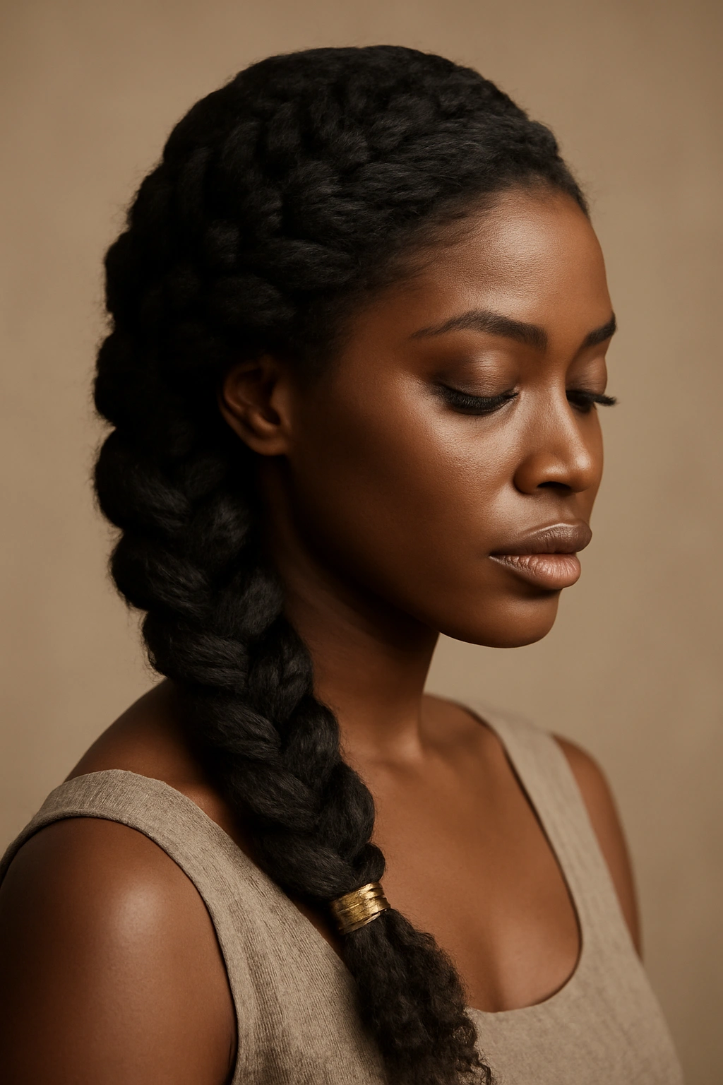 10 Stunning Wedding Guest Hairstyles for Black Women 7 Close-up of a thick side-swept braid on textured Black hair gathered to the side