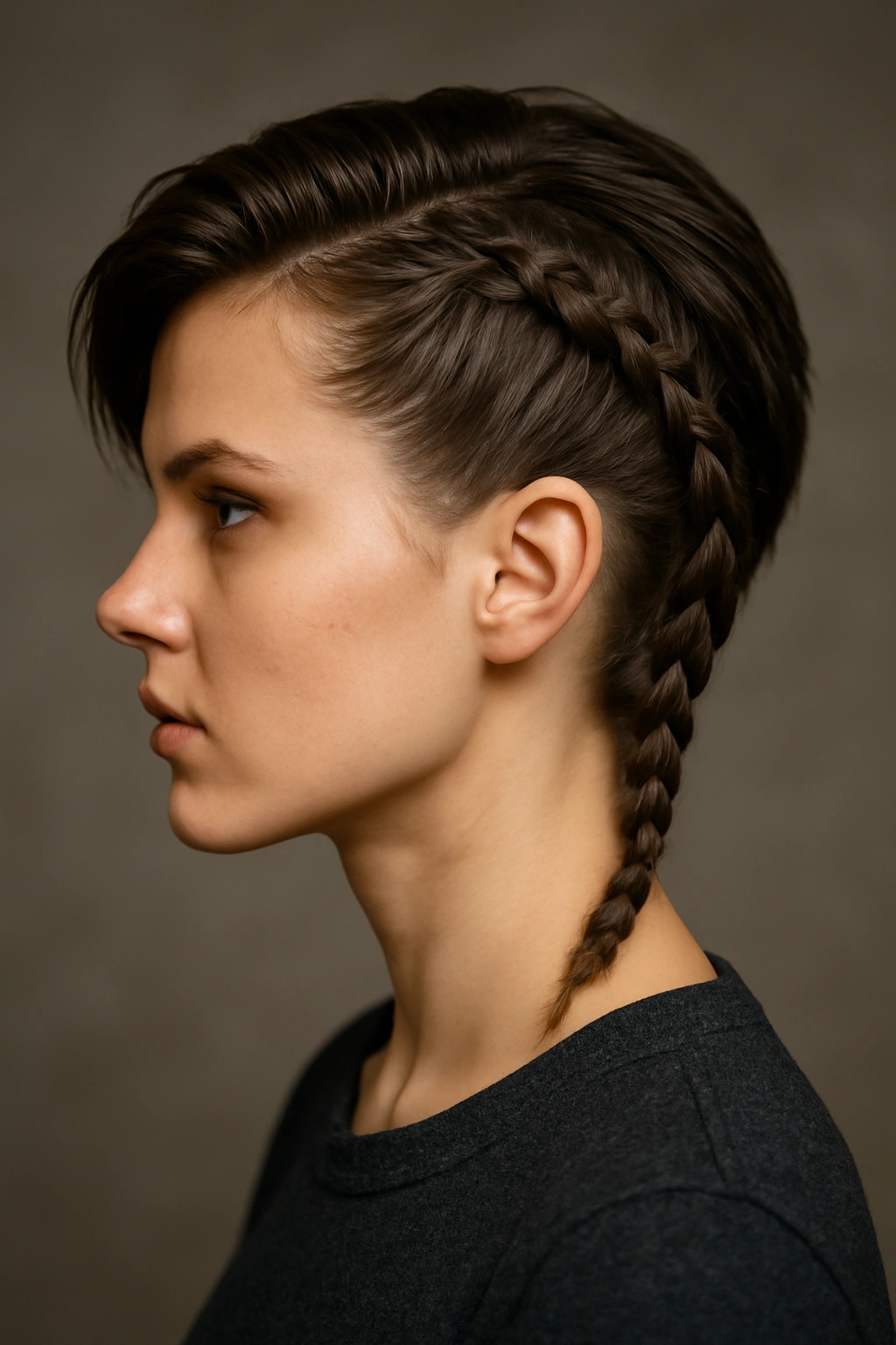 Side-swept warrior braid curving to the side on short hair