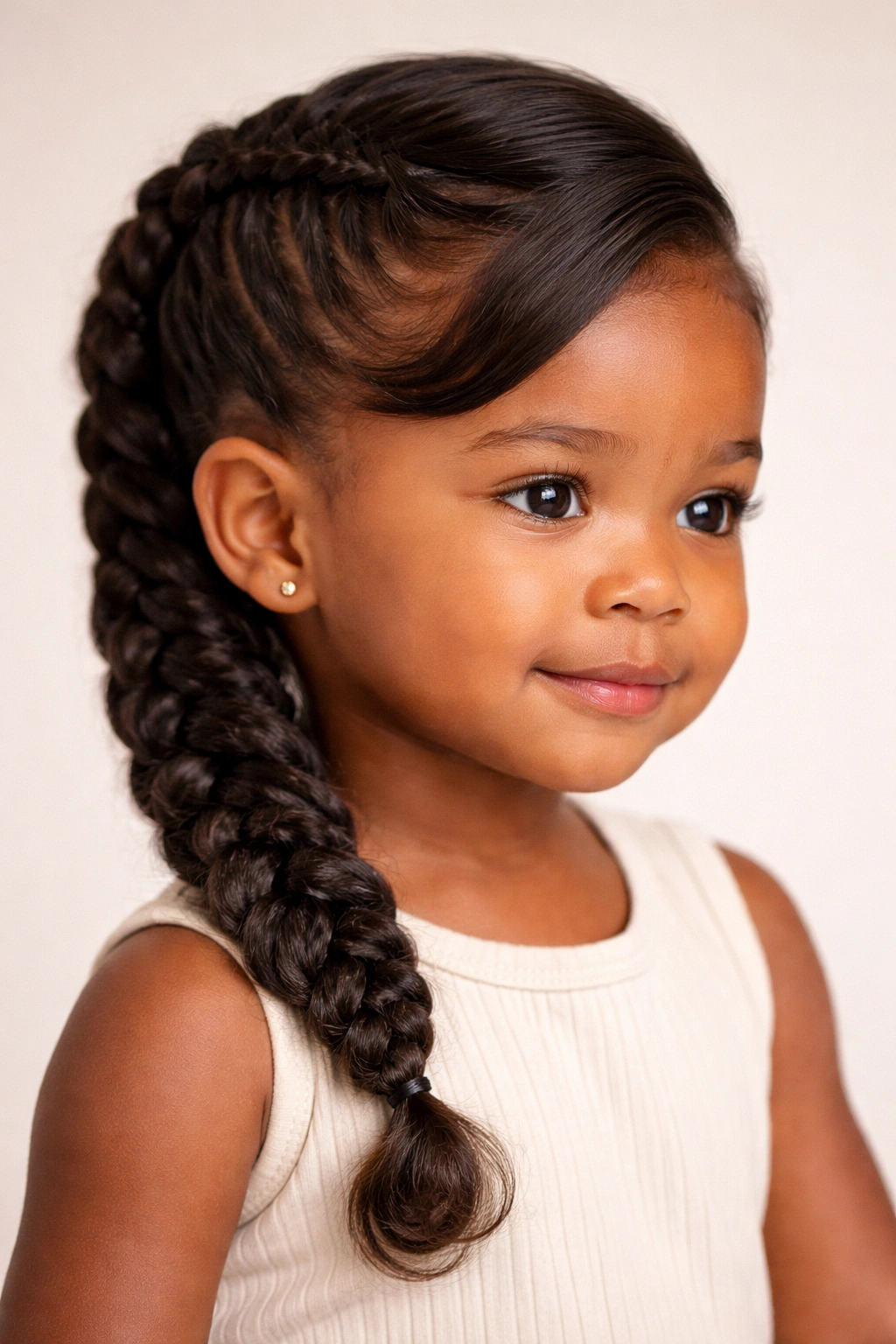 Profile view of a toddler with a side-swept braid swoop behind the ear
