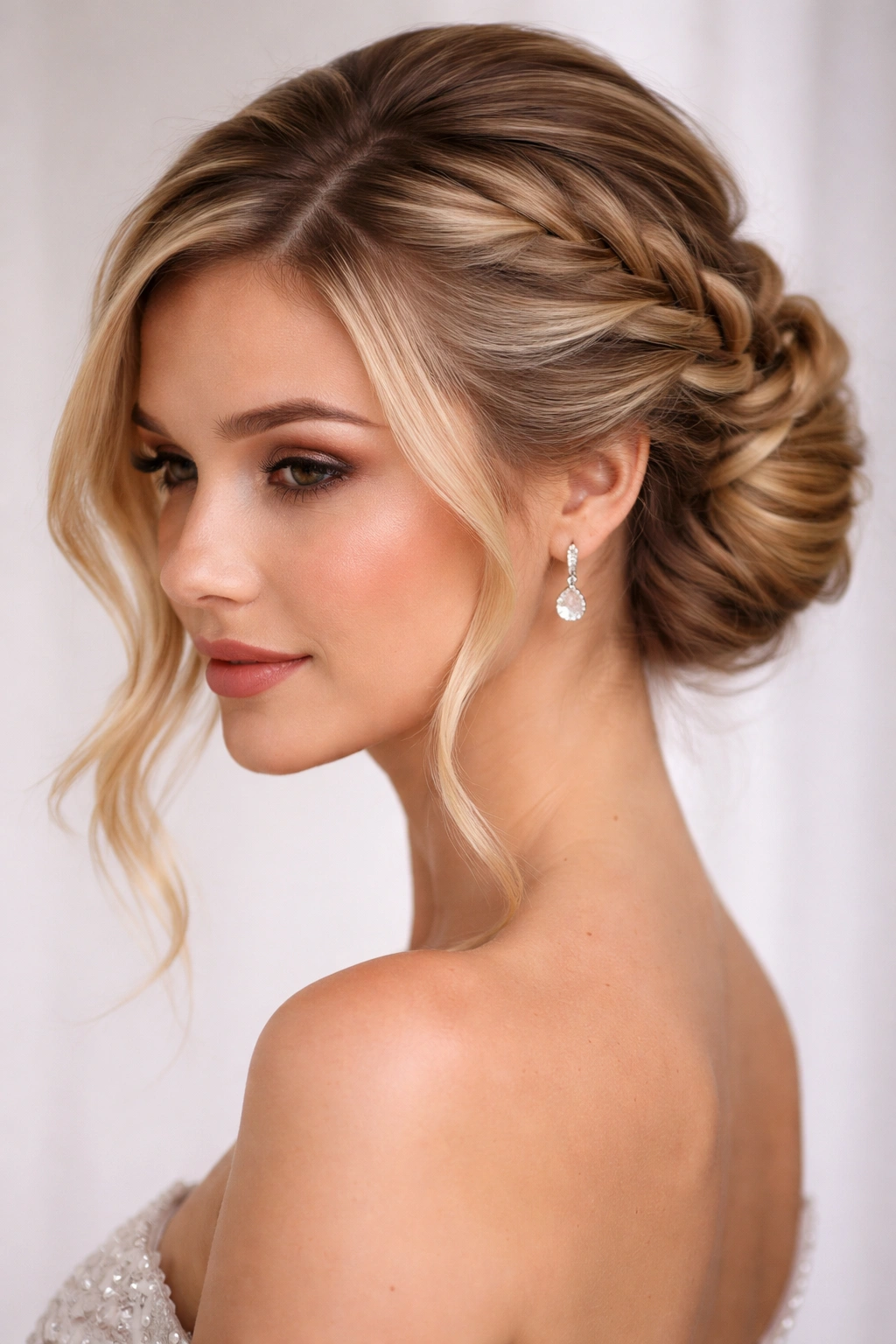 Side-swept French braid twist with diagonal sweep across head
