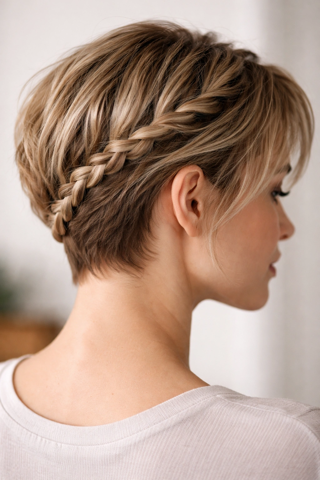 Close-up of a side-swept braid wrap around the head on a cropped hairstyle