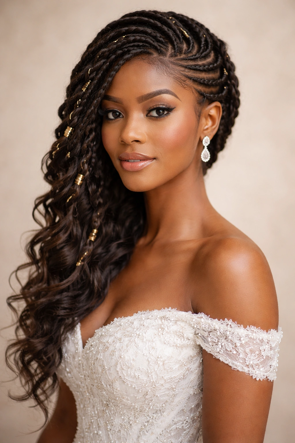 Intricate side-swept braids bridal hairstyle.