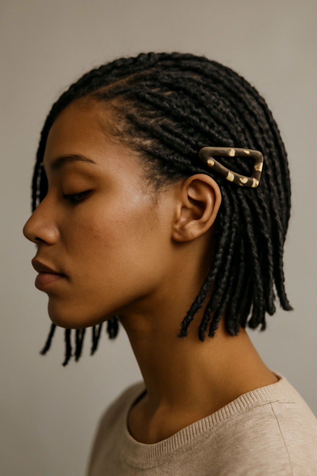 12 Short Box Braid Styles That Look Neat and Polished 9 Profile view of side-swept braids secured with a clip near the ear