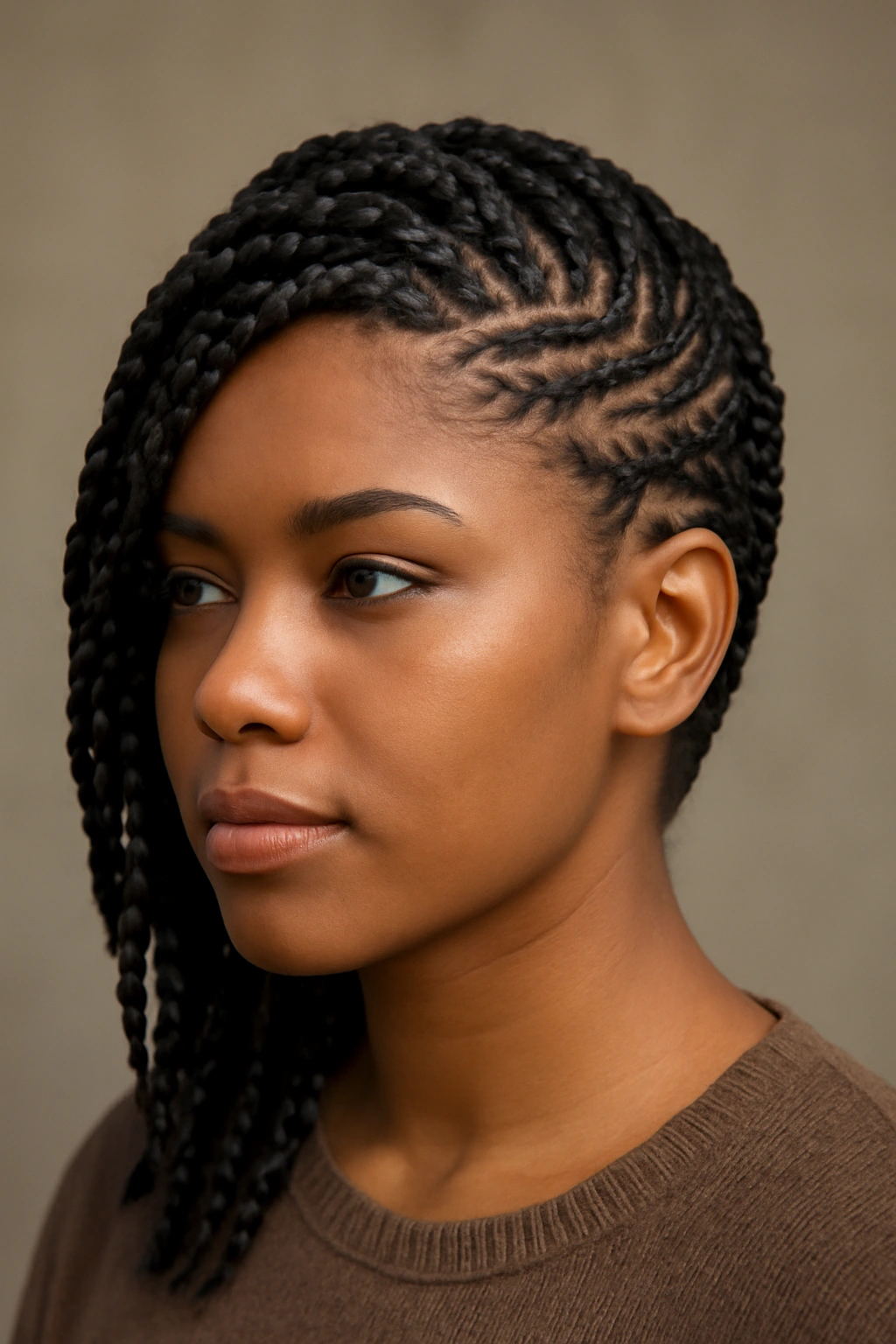 15 Short Braids for Natural Hair You Need to See 13 Close-up of side-swept braids forming a diagonal line across the head