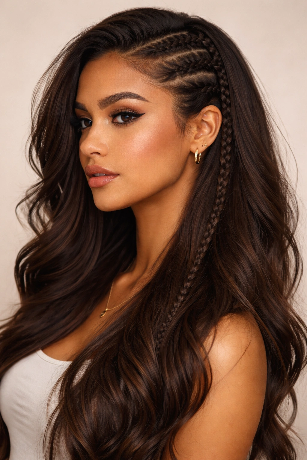 Side-swept braids along one side with hair down