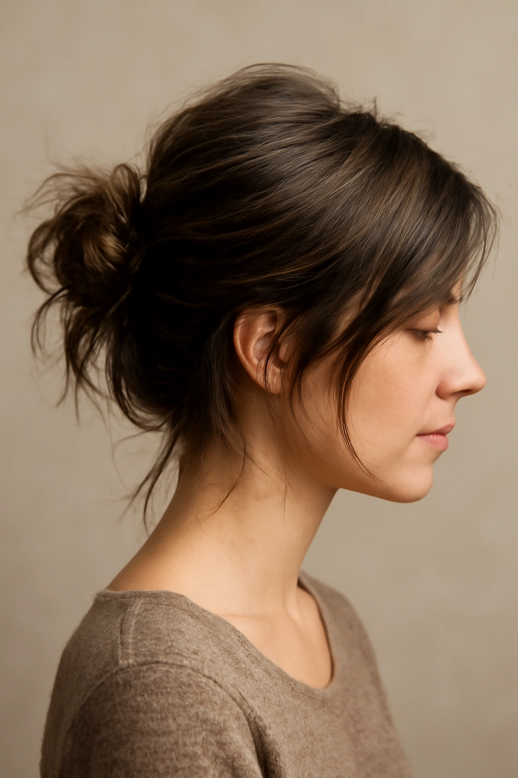 8 Messy Bun Ideas for Short Hair That Actually Stay 5 Off-center side-swept bun on short hair with textured roots