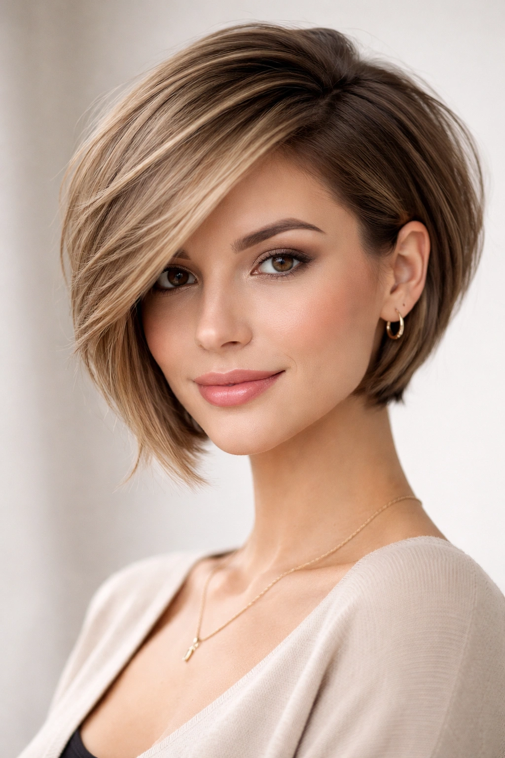 Side view of side-swept chin cut with volume at crown