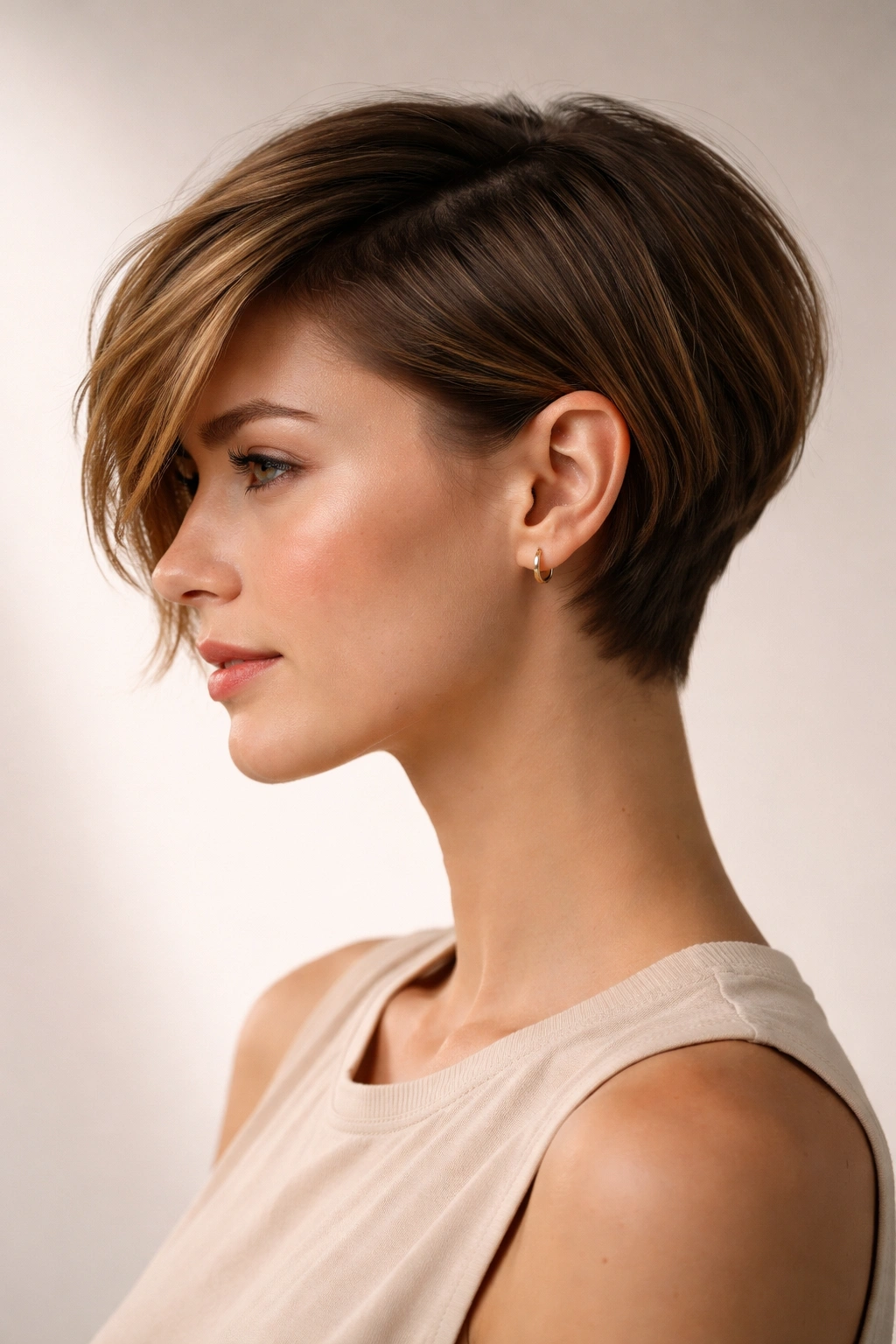 Profile portrait of a side-swept crop with the longer side tucked behind the ear.