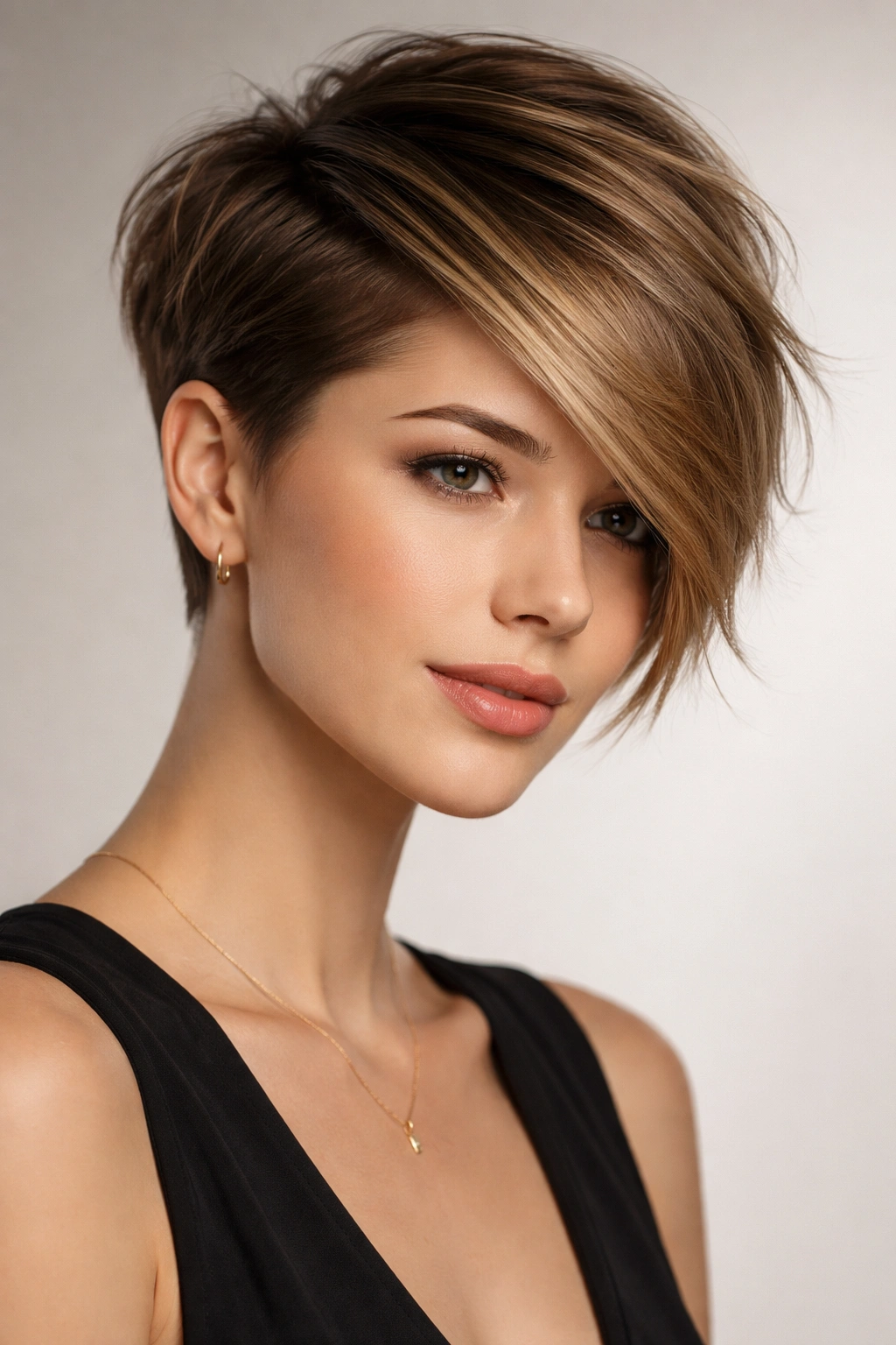 Side-swept crop hairstyle with longer swept side on an oval-face model
