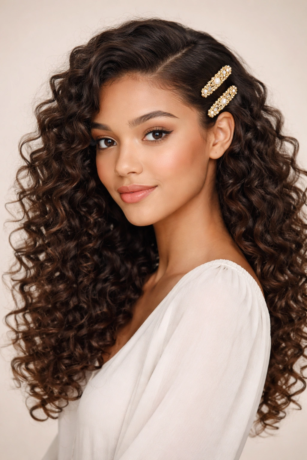 Portrait of Side-Swept Curls with Clips showing a deep side part and pinned section