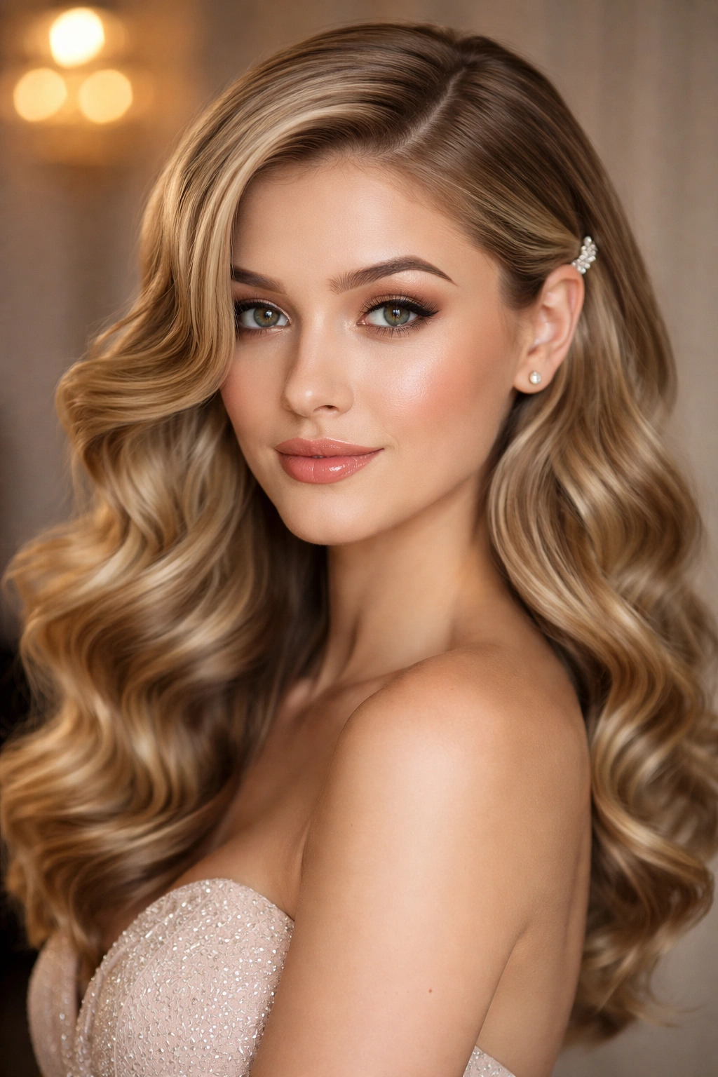 Close-up of side-swept curls with deep side part and hair pinned behind the ear
