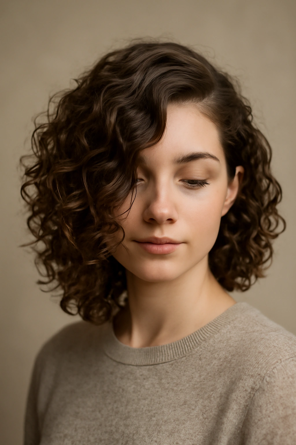 Close-up of curly hair with a deep side part and side-swept curls