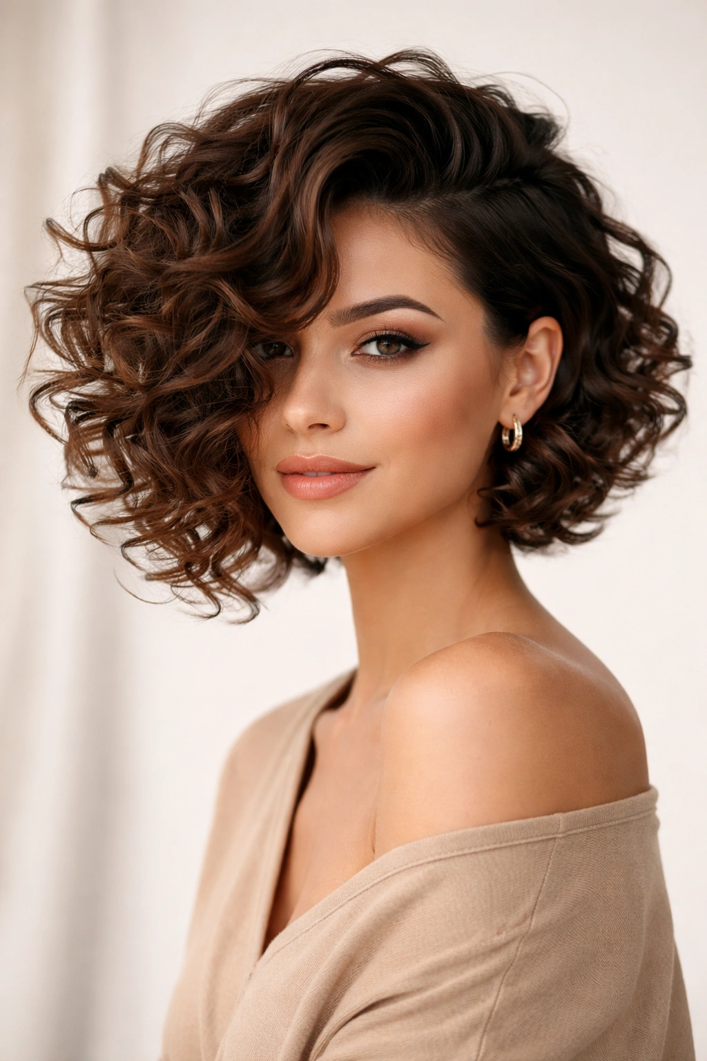 Side-swept curly bob with dramatic asymmetry