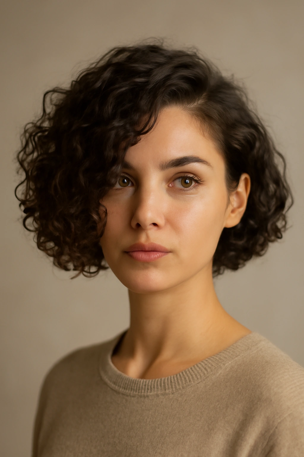 Portrait of a person with an asymmetrical side-swept curly bob showing the longer side.