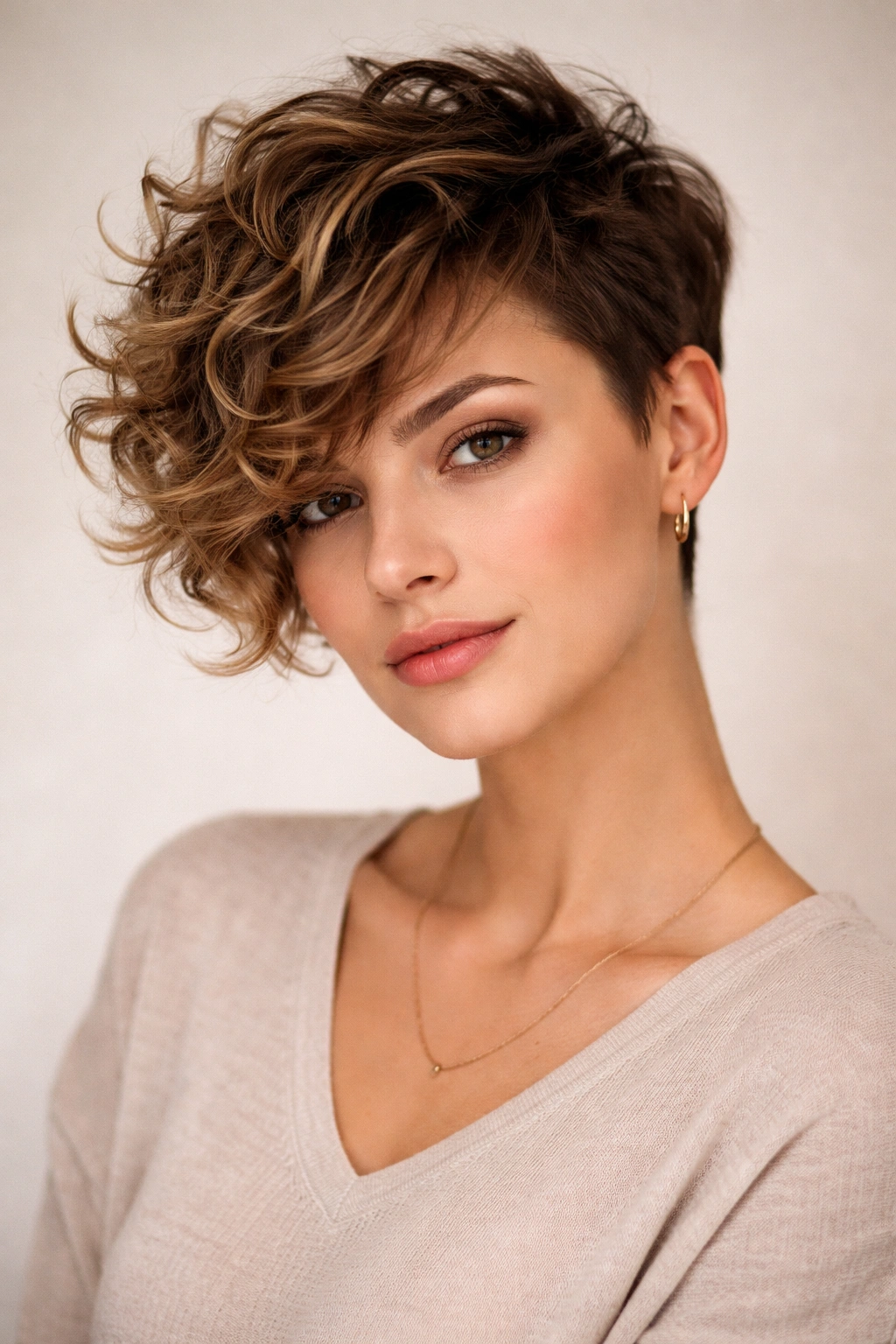 20 Short Curly Haircuts That Look Incredible 14 Portrait of The Side-Swept Curly Crop showing asymmetrical longer and shorter sides
