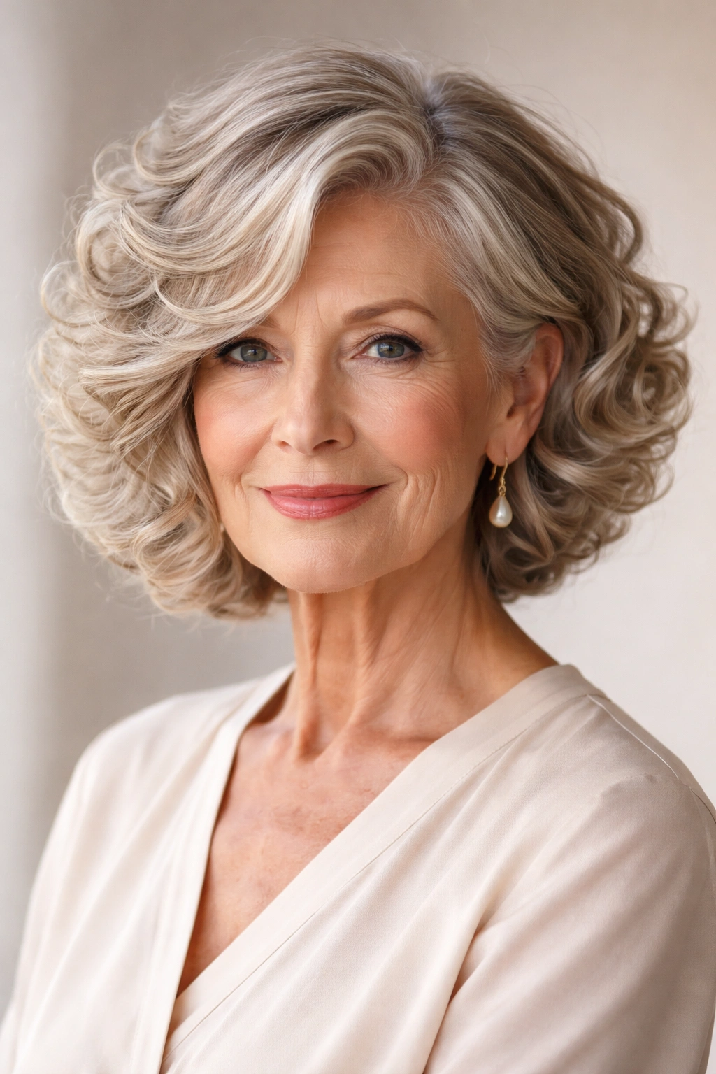 Three-quarter view of side-swept curly lob with asymmetrical length