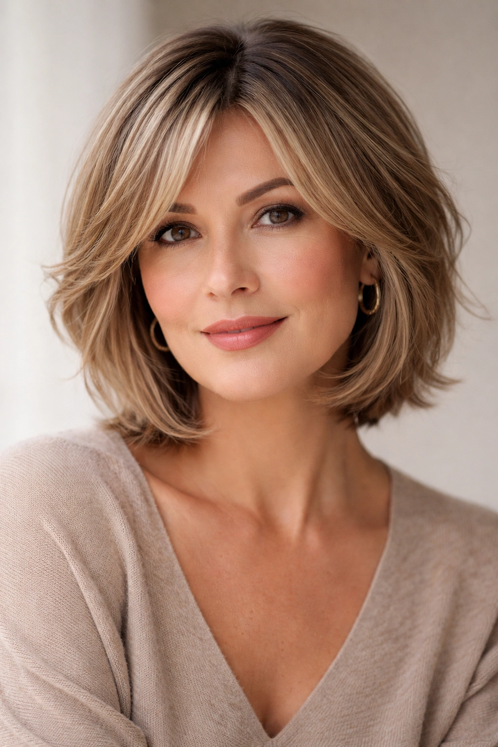 18 Short Hairstyles For Round Faces Over 40 10 Portrait showing side-swept curtain bangs and layered short cut