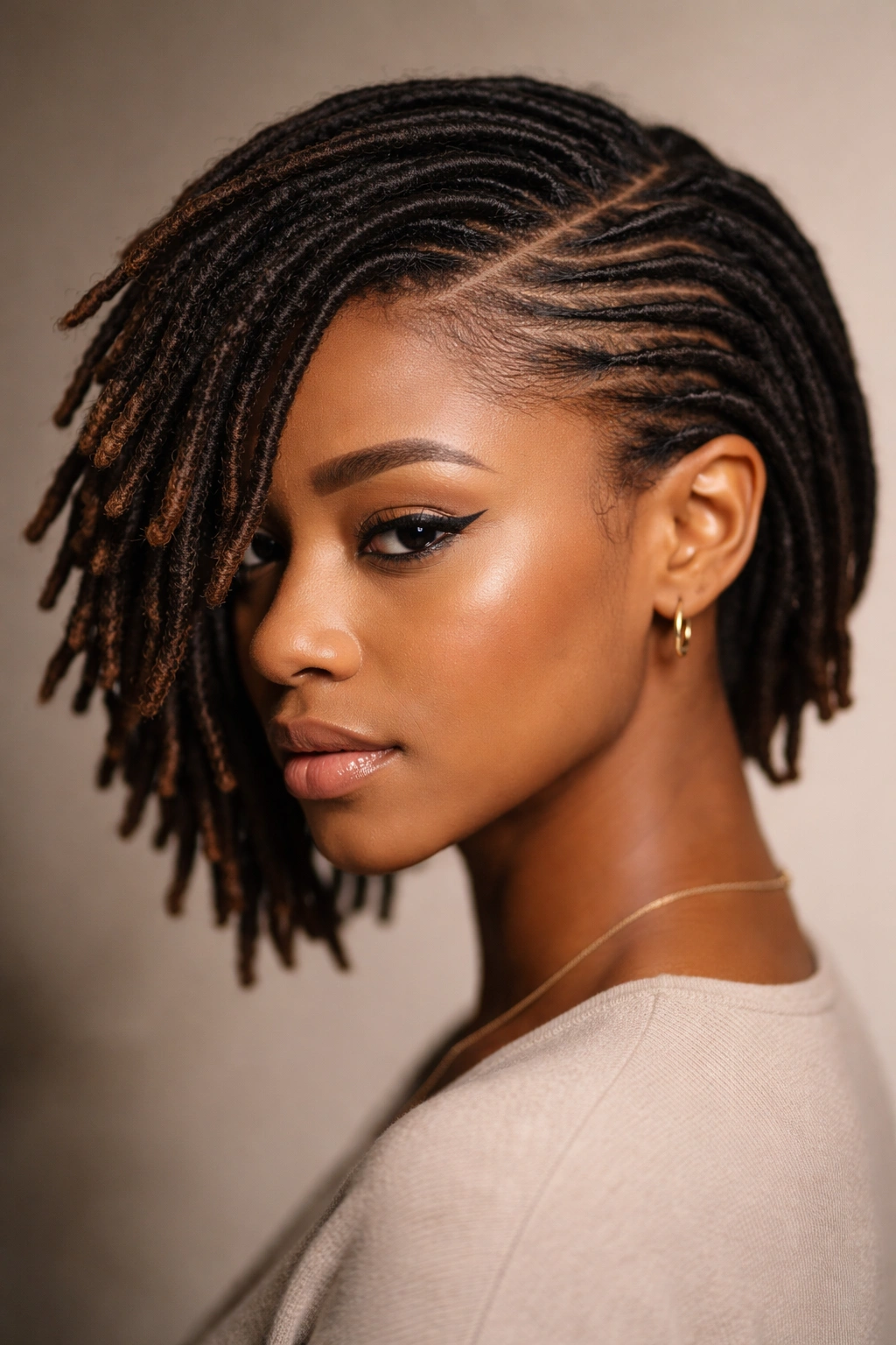 Profile view of side-swept short dreads with a deep part