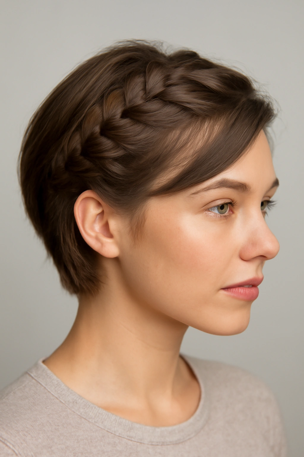 Two Dutch braids swept to one side on short hair